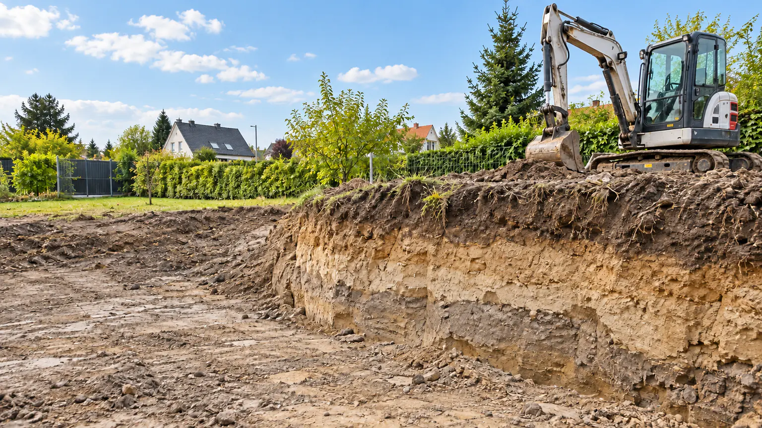 Minibagger legt auf einem Berliner Grundstück die Bodenschichten aus Sand und Lehm in einer Baugrube frei, CTN Dienstleistungen GmbH