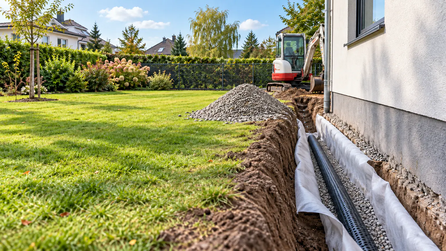 Minibagger legt neben der Hauswand eines Einfamilienhauses in Berlin einen Graben für die Drainage frei, Erdhaufen liegt seitlich auf dem Grundstück, CTN Dienstleistungen GmbH