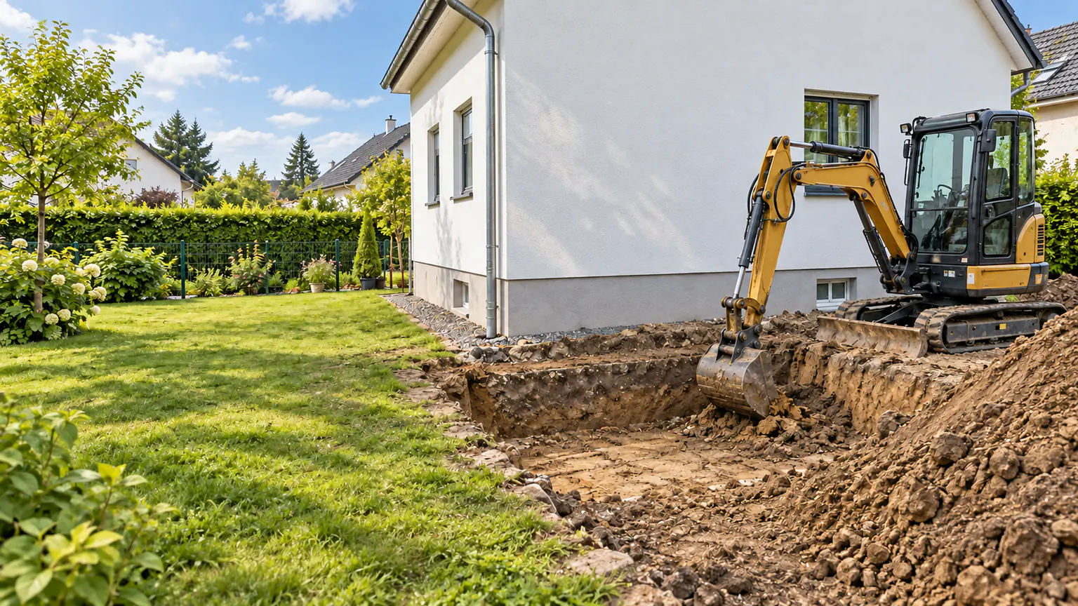 Minibagger hebt auf einem Berliner Grundstück neben einem Einfamilienhaus die Grube für einen Anbau aus, die Hauswand bleibt unberührt, CTN Dienstleistungen GmbH
