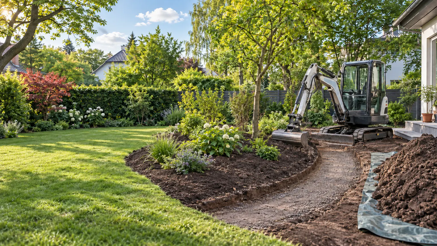 Minibagger modelliert in einem Garten in Berlin ein Beet und hebt Boden für einen Gartenweg aus, CTN Dienstleistungen GmbH