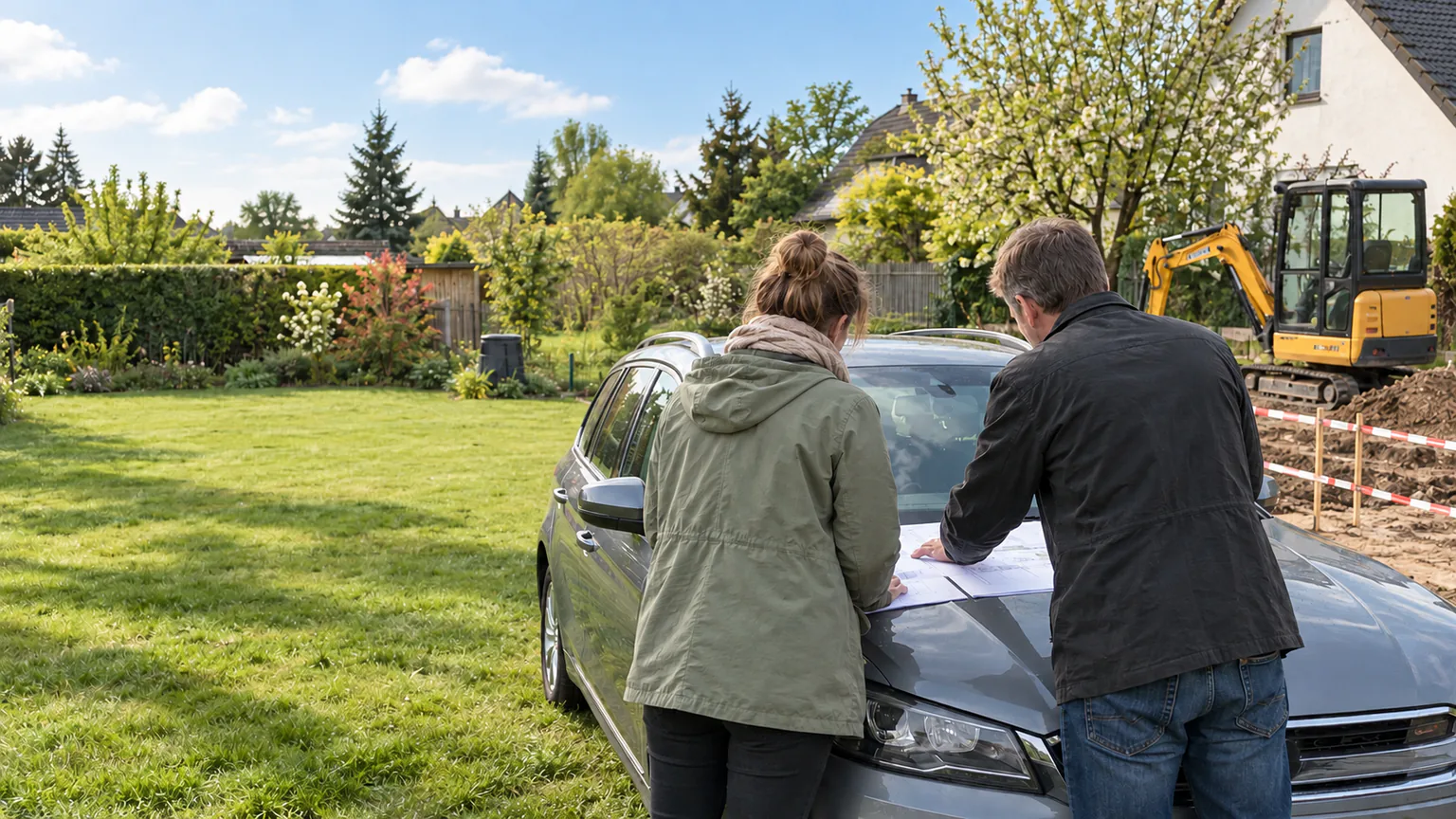 Bauherr und Planer besprechen Unterlagen vor einem Berliner Gartengrundstück, im Hintergrund ein Minibagger, CTN Dienstleistungen GmbH