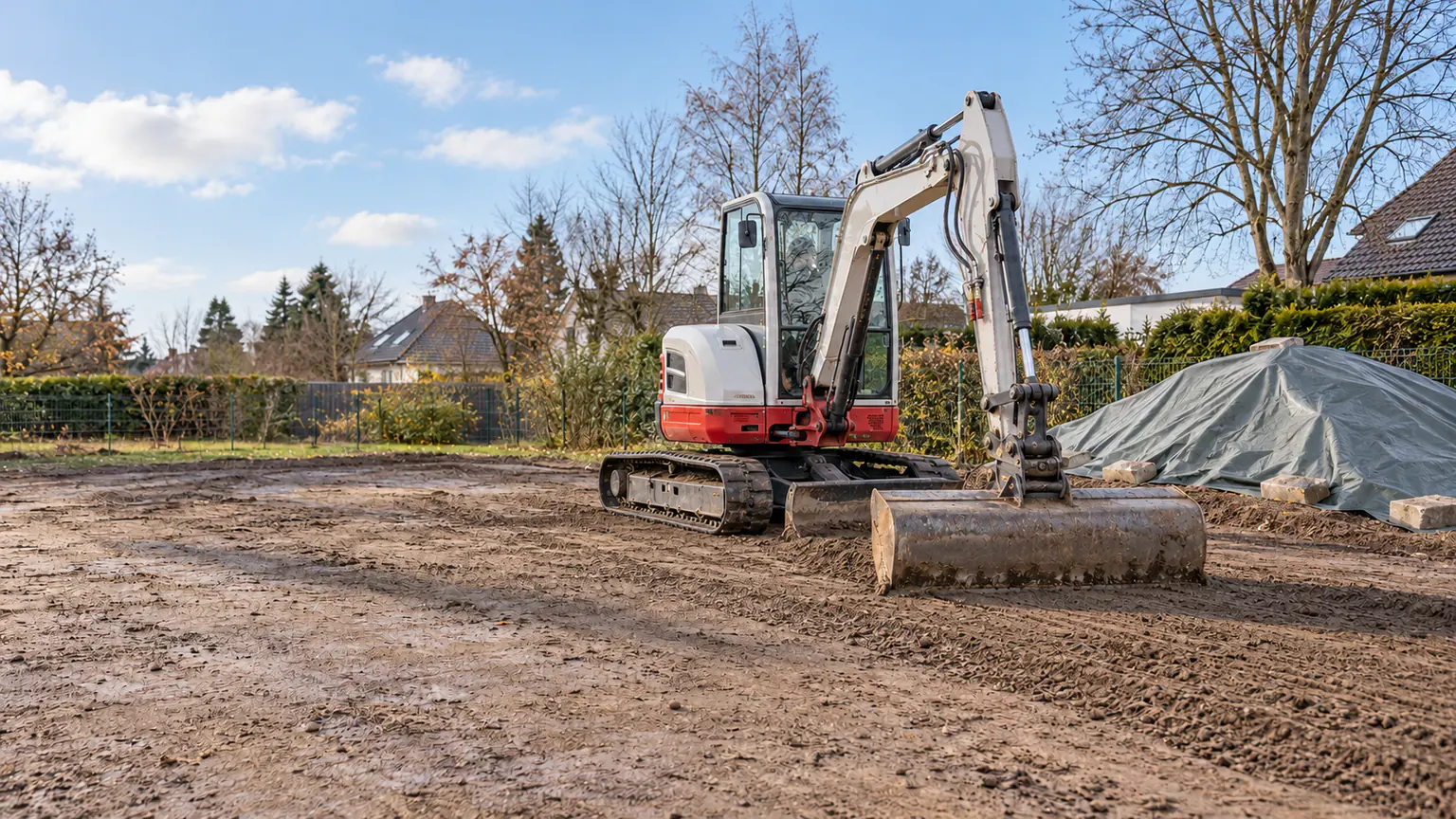 Minibagger arbeitet bei feuchtem Wetter auf einem Grundstück in Berlin, Lagerfläche für Aushub vor dem Einfamilienhaus, CTN Dienstleistungen GmbH