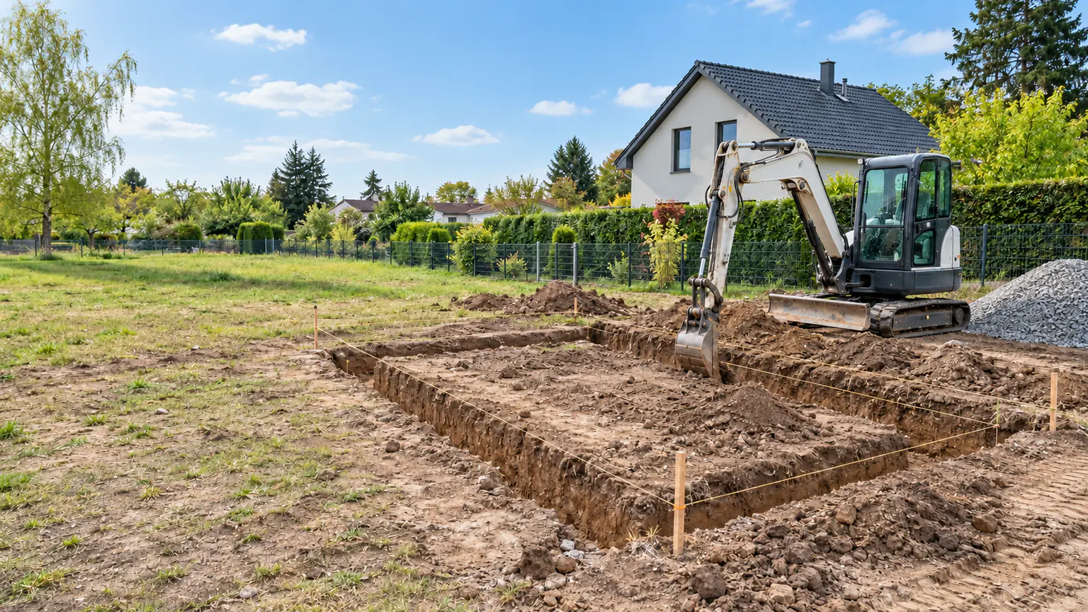 Minibagger hebt Streifenfundamente für eine Garage neben einem Einfamilienhaus in Berlin aus, Schotter liegt bereit am Rand, CTN Dienstleistungen GmbH