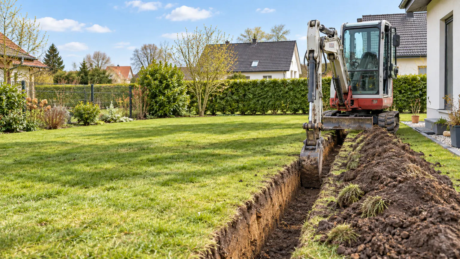 Minibagger hebt einen schmalen Leitungsgraben im Garten eines Einfamilienhauses in Berlin aus, Erdhaufen liegt seitlich am Rand, CTN Dienstleistungen GmbH