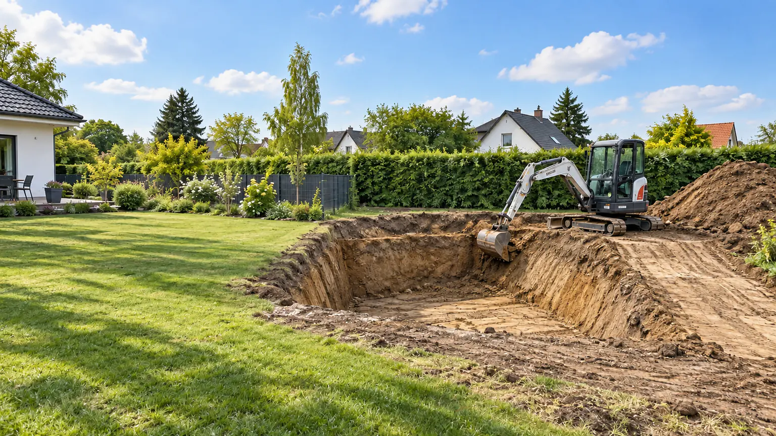 Minibagger hebt eine Poolgrube in einem Garten in Berlin aus, Erdaushub liegt am Rand des Grundstücks, CTN Dienstleistungen GmbH